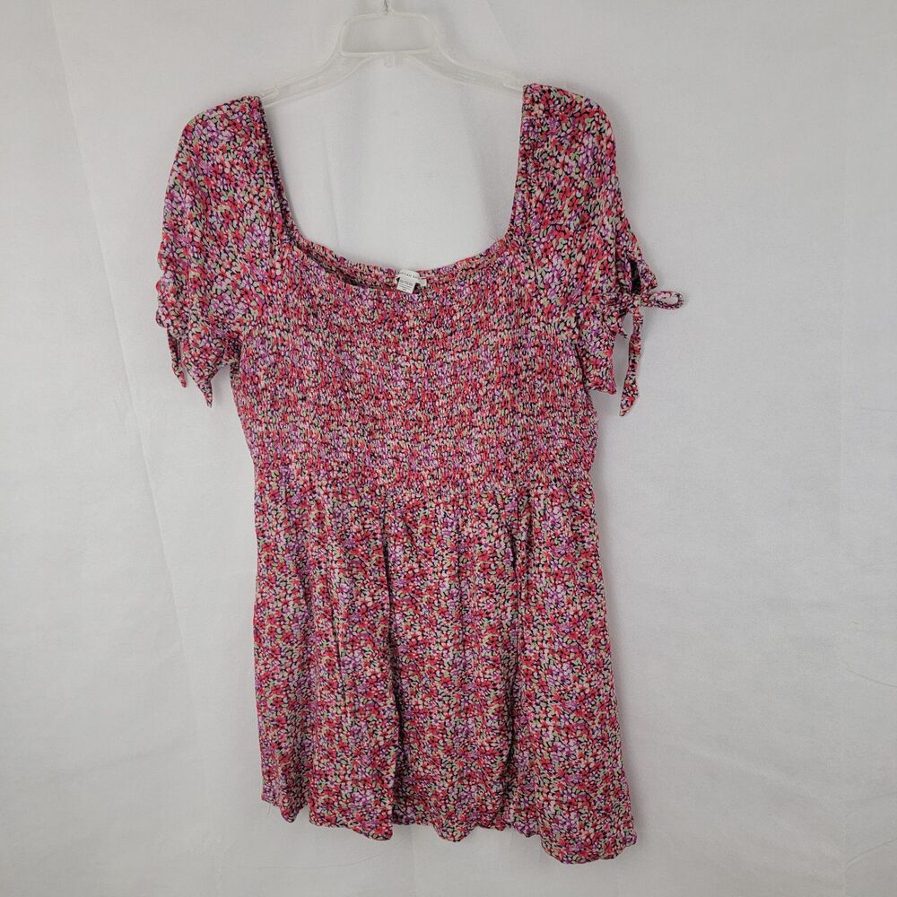 AMERICAN EAGLE Womens Shirt Sz 2XL Babydoll Smocked Top RED Ditsy Floral Square